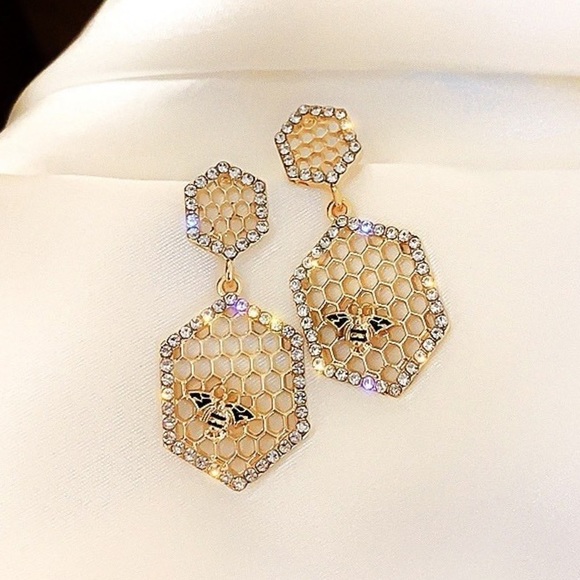 Gold Crystal Honeycomb Earrings with Bumblebee - Picture 3 of 16